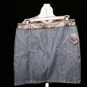 Elegant Denim Pencil Skirt with Black Leather Accents